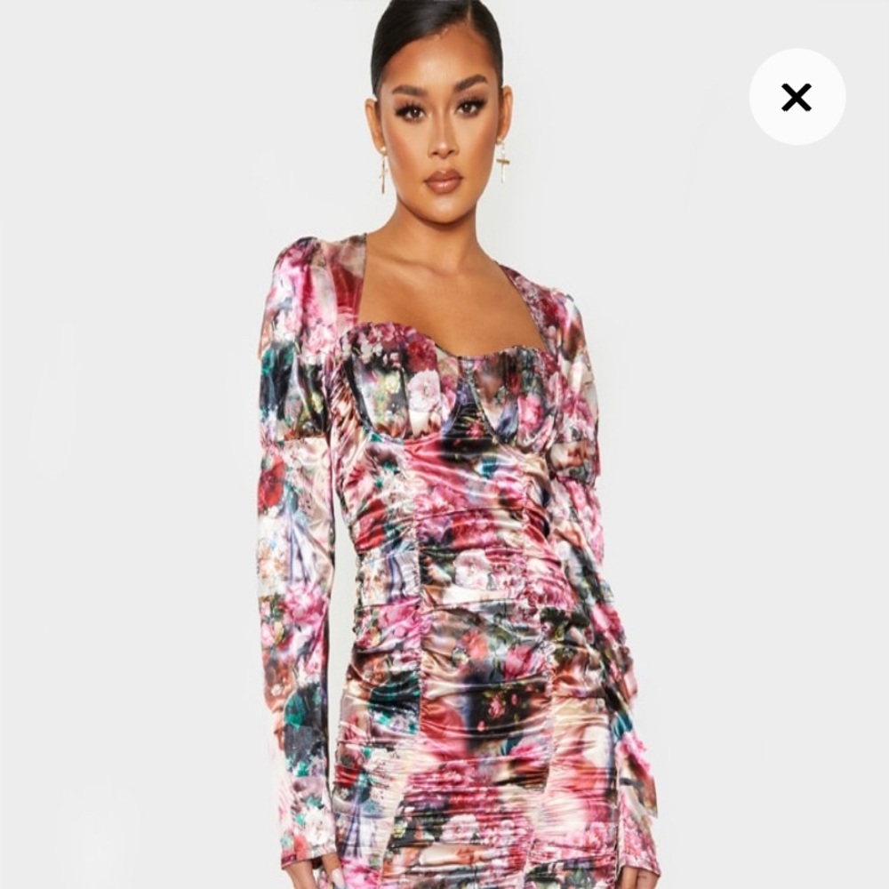 Multi Satin Renaissance Print Ruched Bodycon Dress